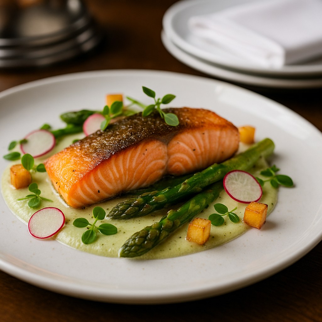 Pan-seared salmon with mashed potatoes and green beans
