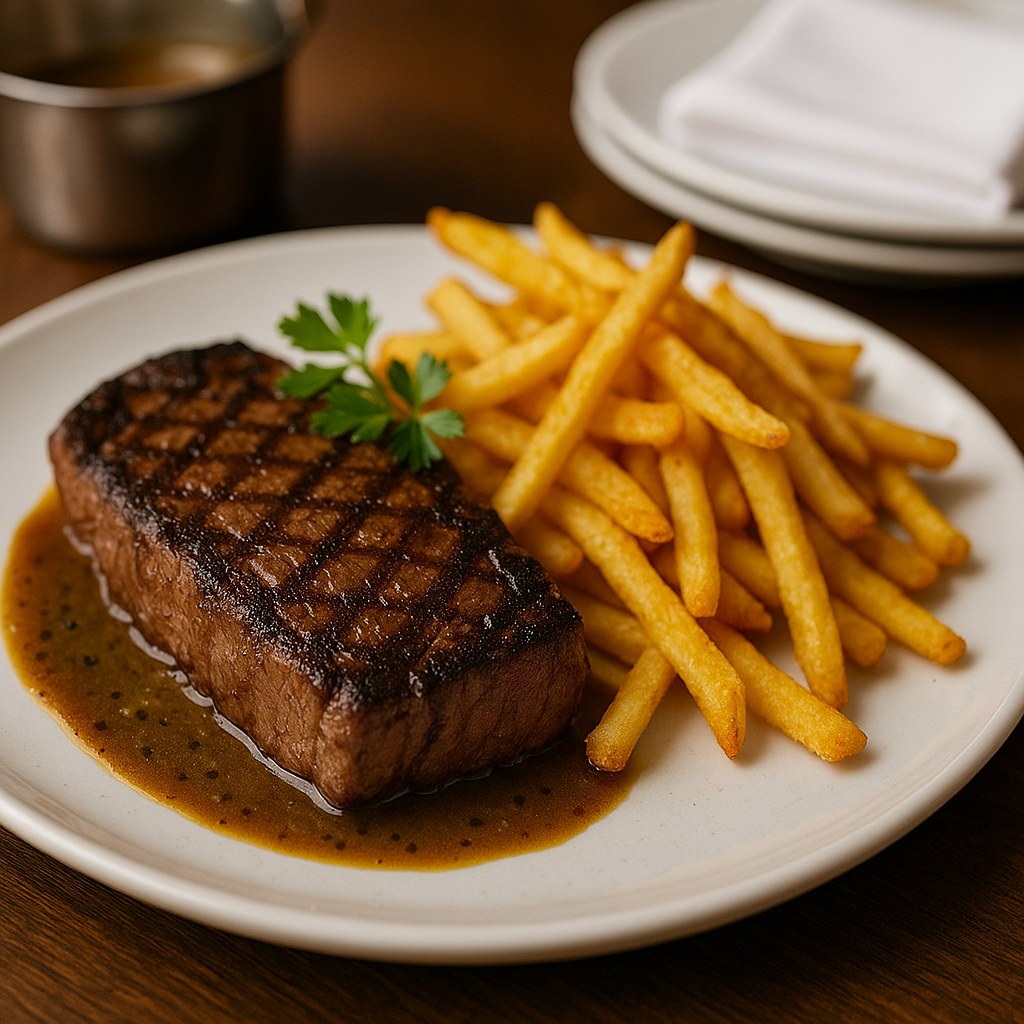 Sliced duck or steak with jus, potatoes and greens