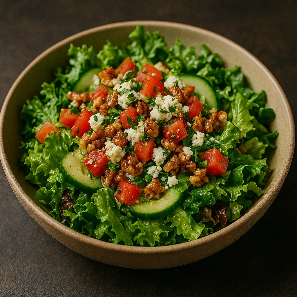Fresh salad with tomatoes, walnuts, radishes and blue cheese