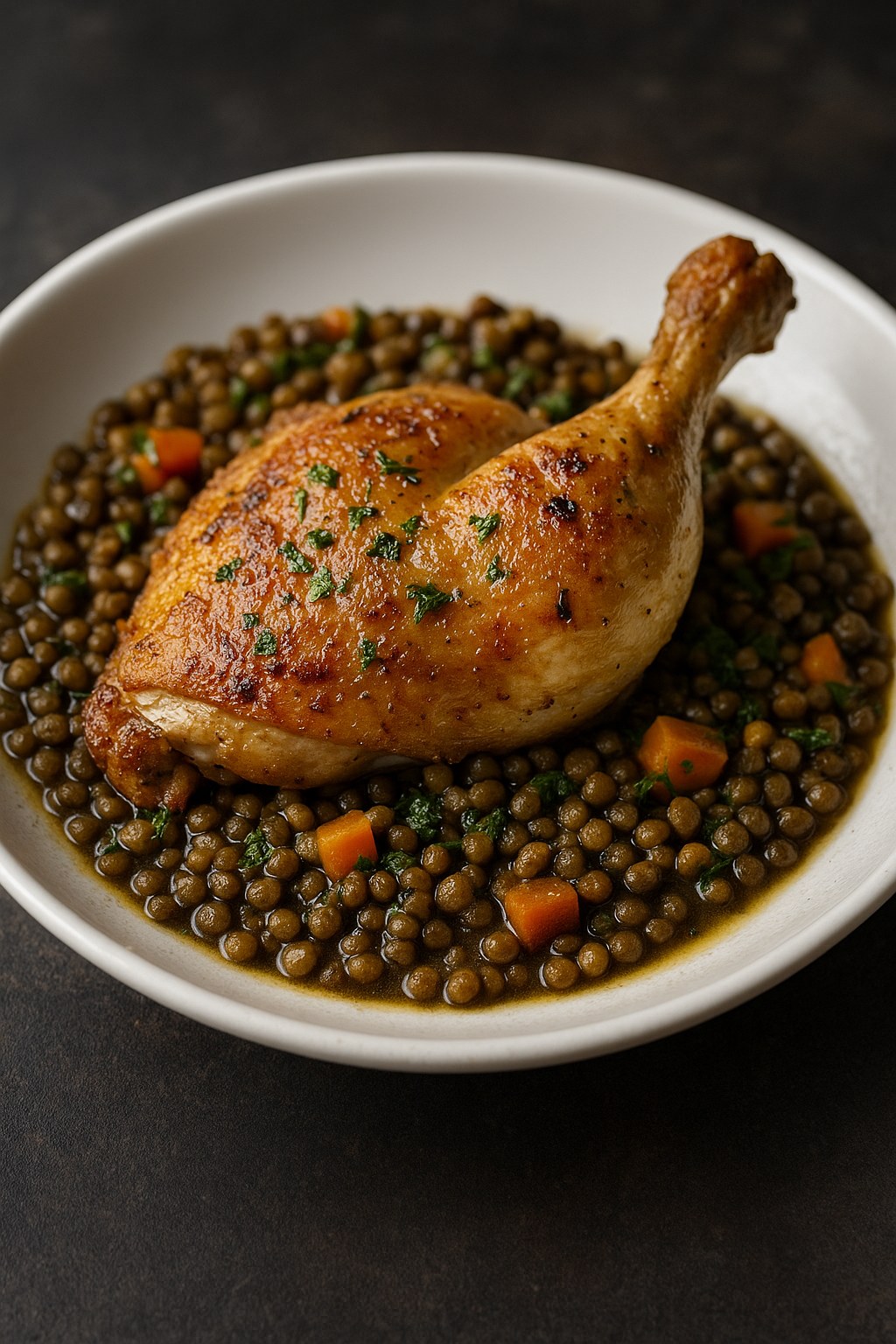Roast chicken over lentils with pan jus